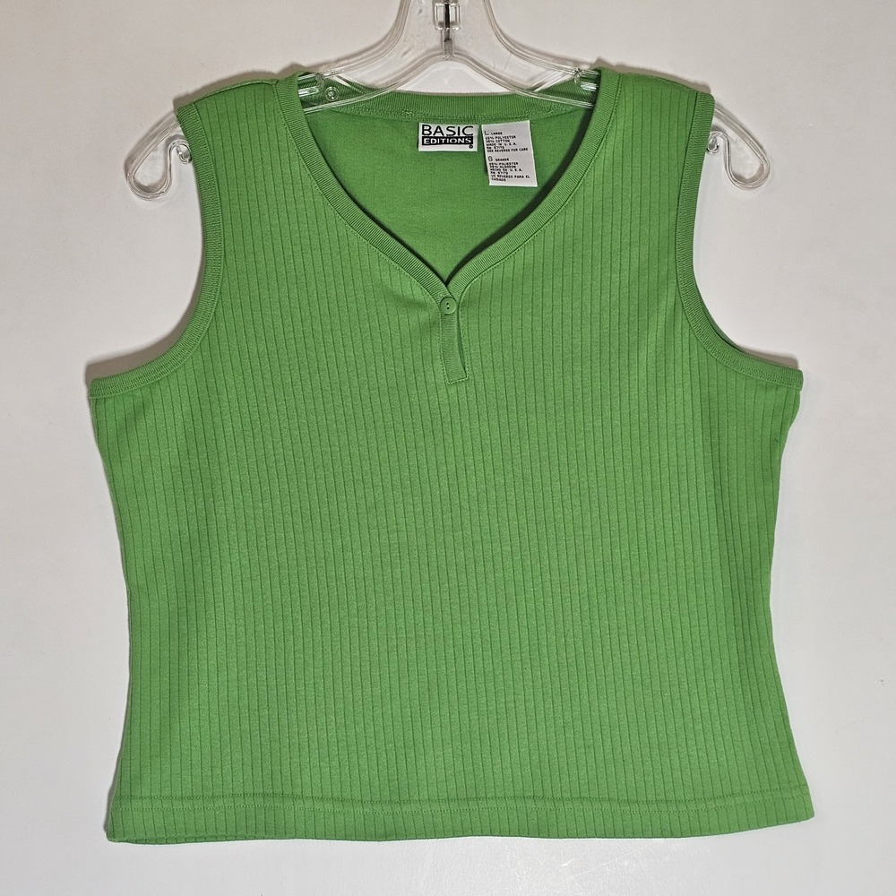 VTG Basic Editions Tank Womens Large Green Ribbed V‎ Neck Librarian Teacher Y2K
